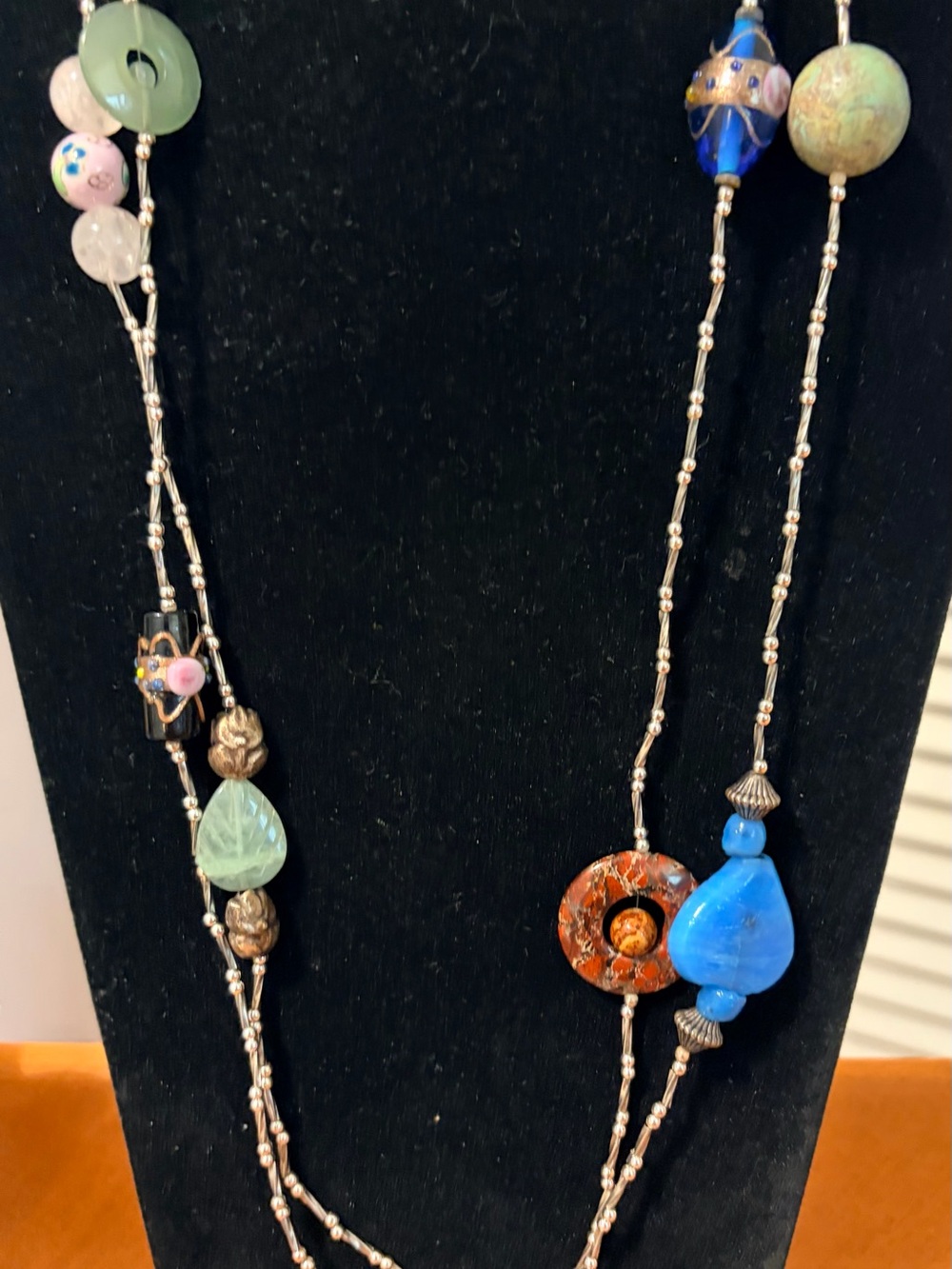 Long Multi-Color Beaded Necklace with Blue & Green Accents